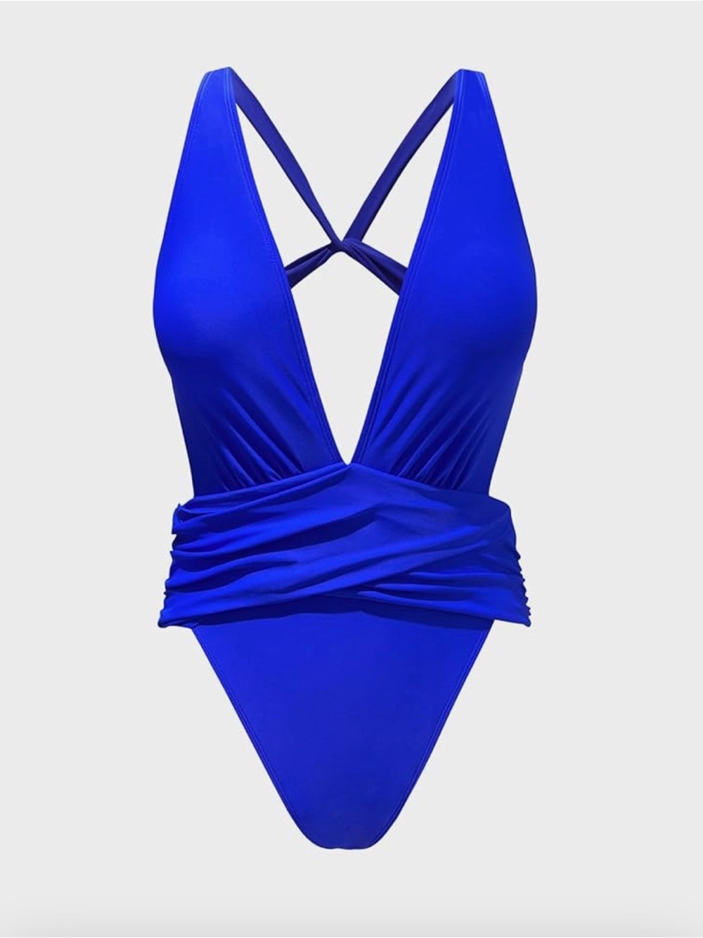 CUPSHE- Blue One-Piece V-Neck Ruched Waist Swimsuit